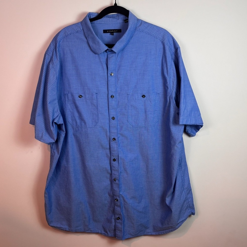 Synrgy Mens Blue Checked 100% Cotton Short Sleeve Button up size 2XLT Classic
